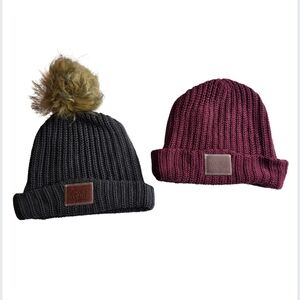 2 Love Your Melon Winter Beanies Pom-Pom Knit Hat Fall Maroon Gray 2896-Bi
